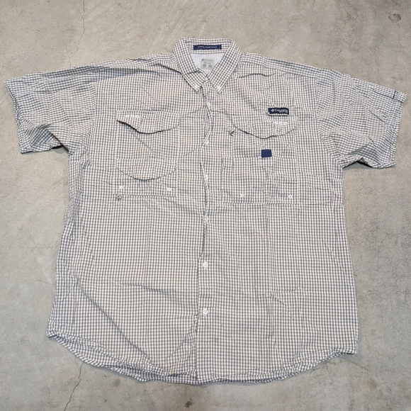Columbia PFG Super Bonehead Fishing Shirt Short Sleeve Check Green White Mens L - Picture 1 of 7